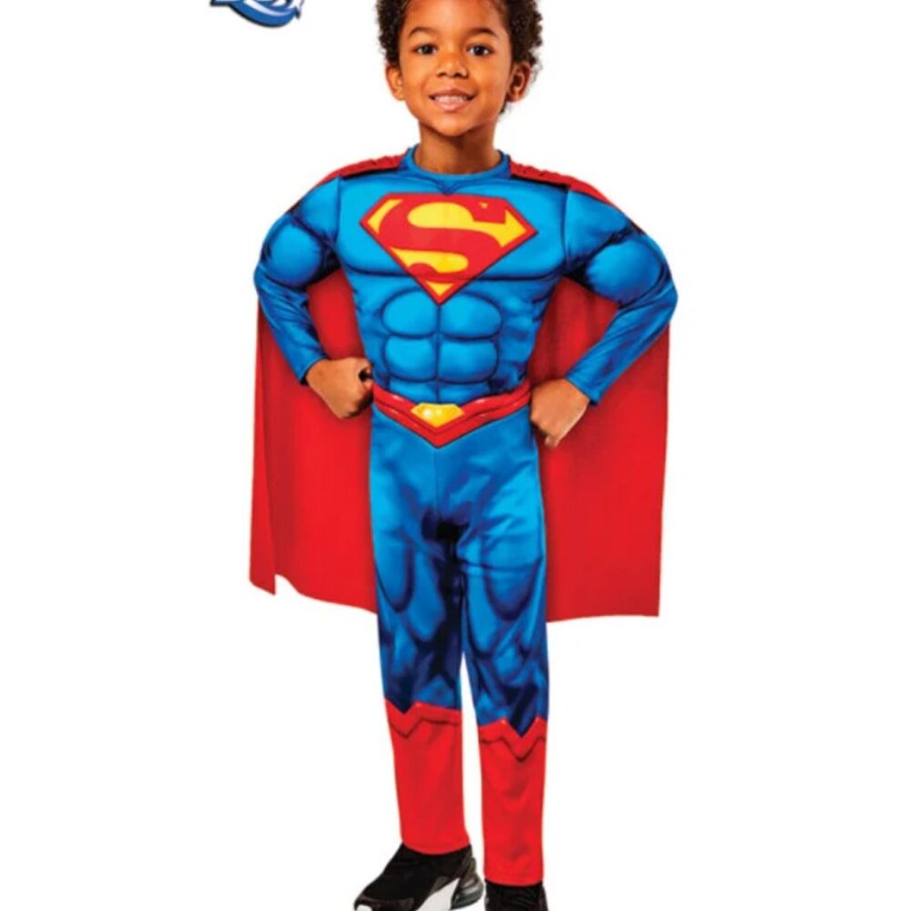 Superman Muscle Halloween Costume 4T Jumpsuit & Cape Toddler Boys Super Hero